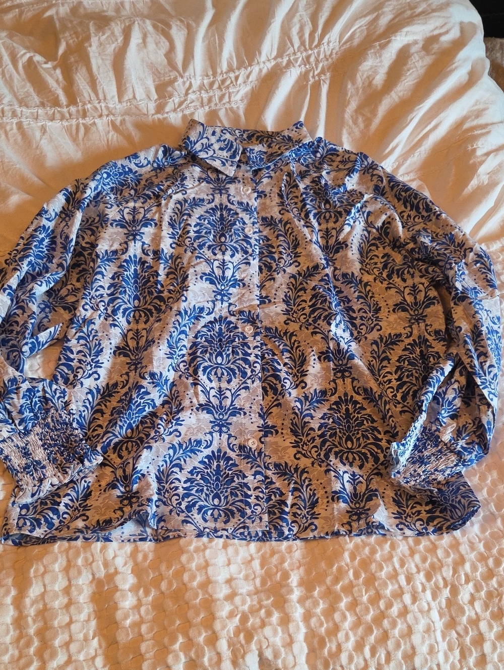 Blue and White Printed Long Sleeve Blouse